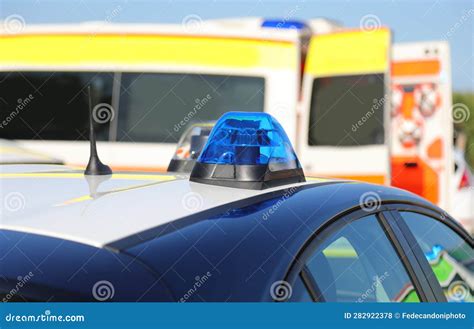 Blue Flashing Light of the Police Car with the Background of an Ambulance Stock Photo - Image of ...