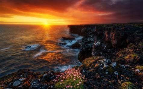 Download wallpapers Sunset, ocean, waves, rocks, coast, Iceland for desktop with resolution ...