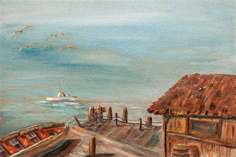 Acrylic Oil Painting Of Boat And Dock With Ocean Stock Photo - Download Image Now - iStock