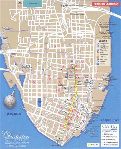 Detailed Map Of The Charleston Dash Trolley Routes. | Charleston Sc ...