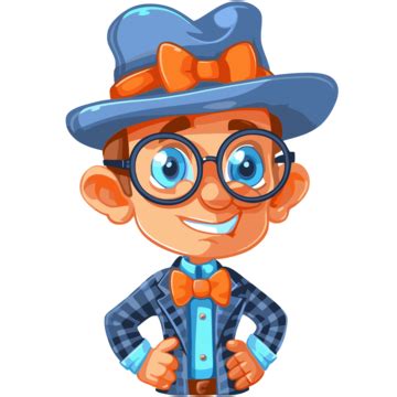 Blippi Bow Tie Vector, Sticker Clipart Cartoon Comic Character In Glasses With Orange Hat And ...