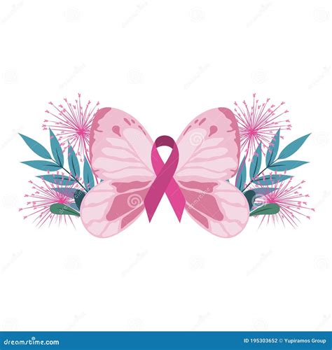 Conciencia Del Cáncer De Mama Listón De Mariposa Rosa Hojas Florales ...