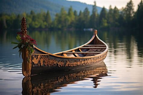 Premium AI Image | A handmade wooden canoe against a lake background