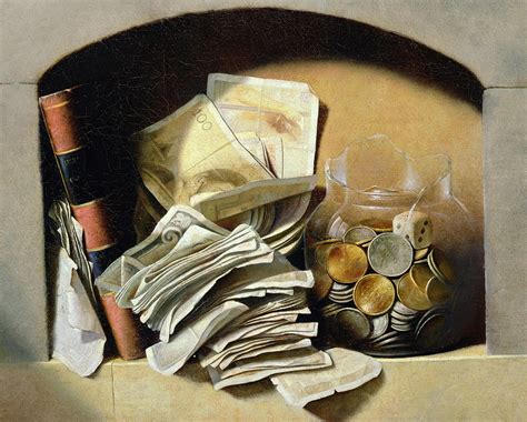 A Trompe Loeil Of Paper Money Coins Painting by French School