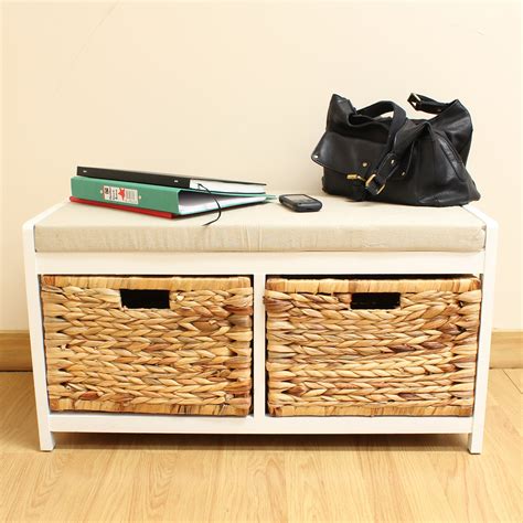 Hartleys Bench Cushion Seat & Seagrass Wicker Storage Baskets Bathroom ...