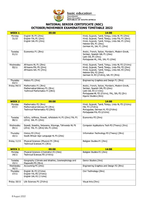 2022 November NSC Exam Timetable