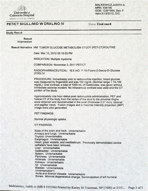 jm's Adventure with Multiple Myeloma: PET Scan Results from March 13 2012