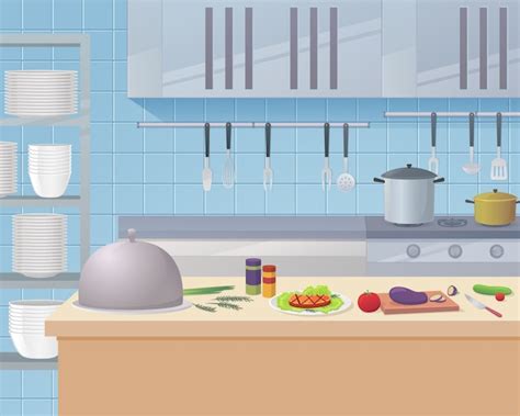 Premium Vector | Cartoon kitchen workspace of a restaurant kitchen