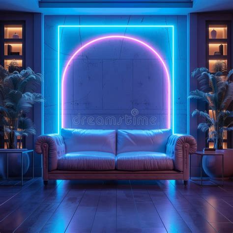 Futuristic Living Room with Sleek Leather Sofas Under Blue Neon Stock Illustration ...