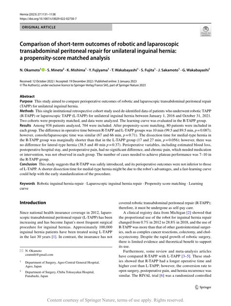 Comparison of short-term outcomes of robotic and laparoscopic transabdominal peritoneal repair ...