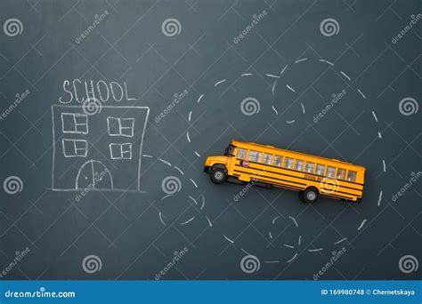 Yellow Bus and Drawing of School on Chalkboard, Top View. Transport for ...