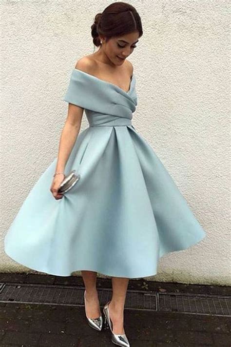 Light blue chiffon off-shoulder A-line knee-length dress, formal dress ...