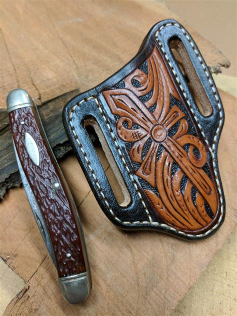 Hand Tooled Leather Knife Sheath with Western Cross Design for Pocket Knife