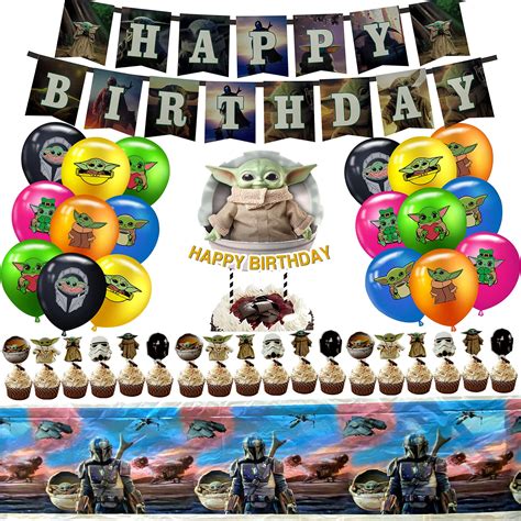 Buy Baby Yoda Themed Birthday Party Supplies Set Happy Birthday Banner ...