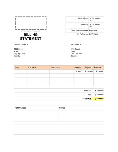 Billing Statement Template in Word and Pdf formats