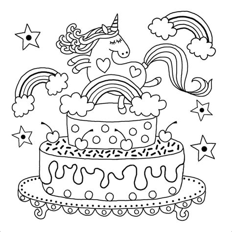 Unicorn Birthday Cake Coloring Page - ColoringBay