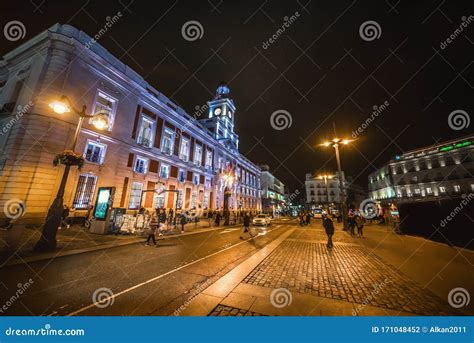 Puerta Del Sol Square in Downtown Madrid at Night Stock Photo - Image of cloudy, bayfront: 171048452