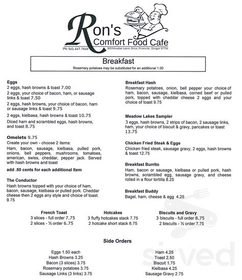 Ron's Comfort Food Cafe menu in Prineville, Oregon, USA