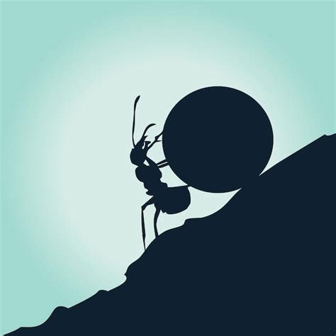 Premium Vector | Ant pushes a big rock up a hill in silhouette illustration