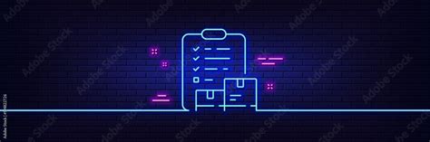 Neon light glow effect. Inventory checklist line icon. Warehouse pallet ...
