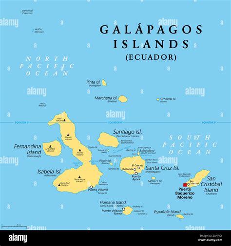 Galapagos Islands, Ecuador, political map with capital Puerto Baquerizo Moreno. Archipelago of ...