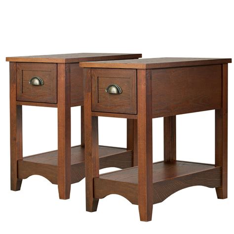Gymax Set of 2 Contemporary Side End Table Compact Table w/ Drawer Nightstand Espresso/Tawny ...