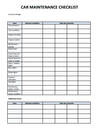 Sample Car Maintenance Checklist - 8+ IN PDF