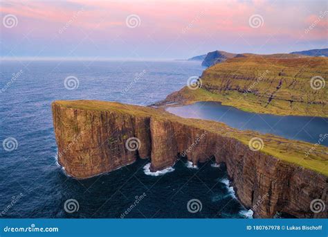 Sorvagsvatn Lake and Waterfall into the Ocean in Western Faroe Island ...