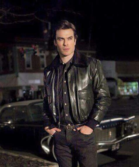 Damon Salvatore Black Fur Collar Bomber Leather Jacket - USA Leather Factory