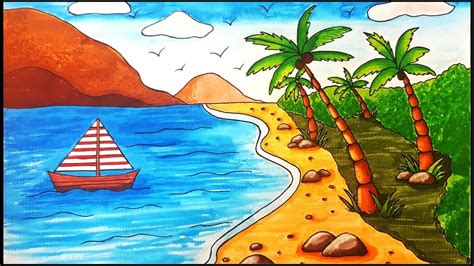 How to Draw A Beach Scenery for Beginners | Step By Step - YouTube