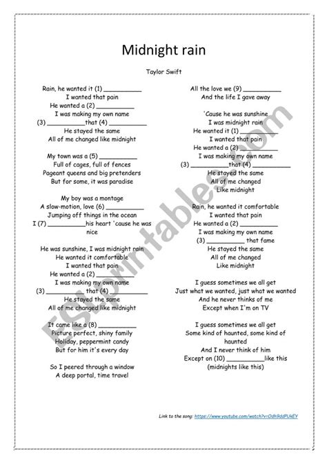 Midnight Rain - Taylor Swift song - ESL worksheet by cristinaantonprofe