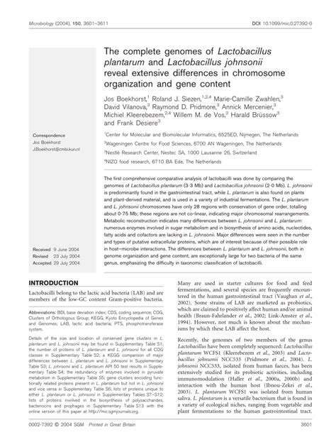 (PDF) The complete genomes of Lactobacillus plantarum and Lactobacillus ...