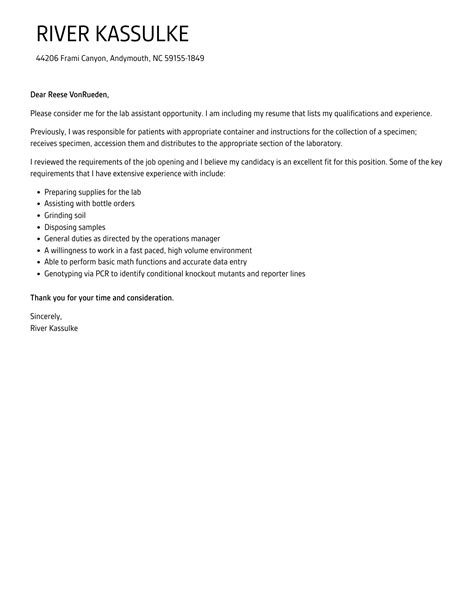 Lab Assistant Cover Letter | Velvet Jobs