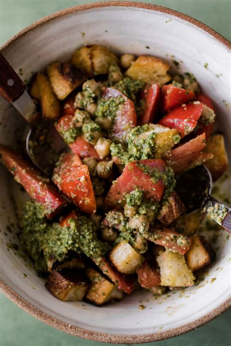 Chickpea Tomato Bread Salad with Arugula Pesto | Naturally Ella