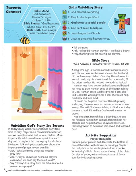 God Answered Hannah's Prayer Parents Connect Page - Children's Bible Activities | Sunday School ...