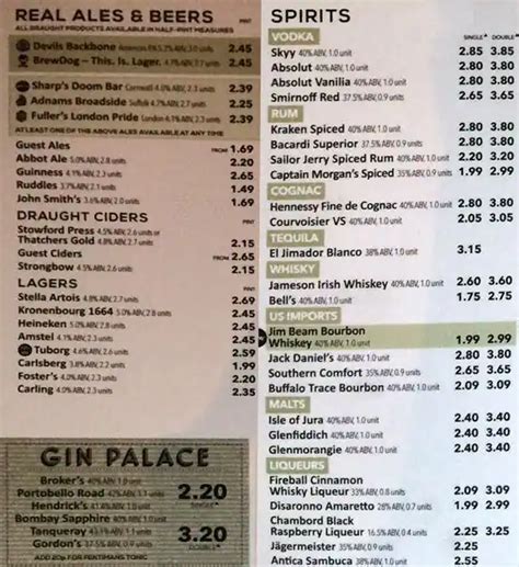 Menu at Wetherspoons pub & bar, Manchester, 49 Piccadilly