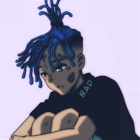 a drawing of a man with blue dreadlocks on his head and hands crossed