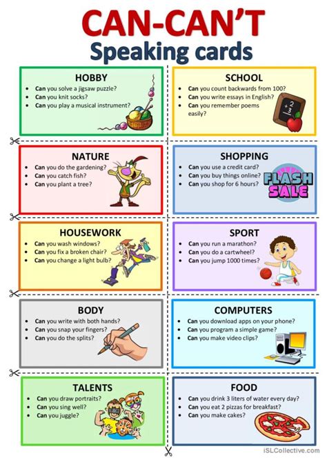 Can/Can't - Speaking cards vocabular…: English ESL worksheets pdf & doc