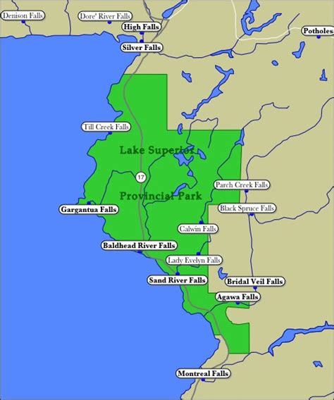 Map of Lake Superior Provincial Park WaterFalls