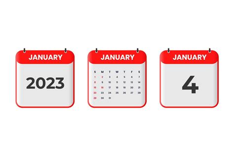 January 2023 calendar design. 4th January 2023 calendar icon for ...