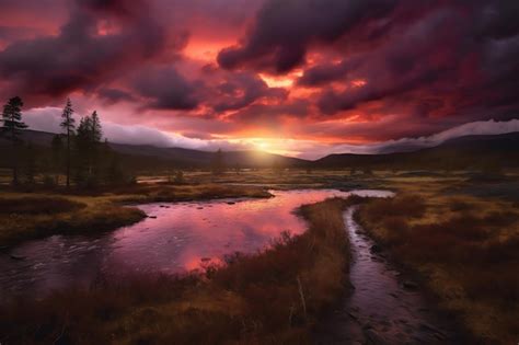 Premium Photo | A sunset over a river with a red sky and a purple sky