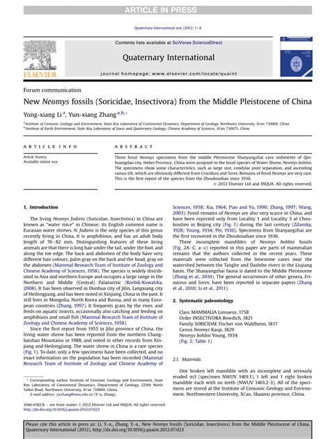 (PDF) New Neomys fossils (Soricidae, Insectivora) from the Middle Pleistocene of China