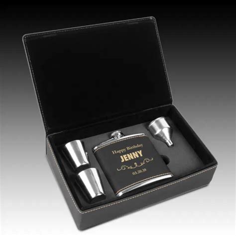 Black Faux Leather Engraved Flask Gift Set | Zazzle