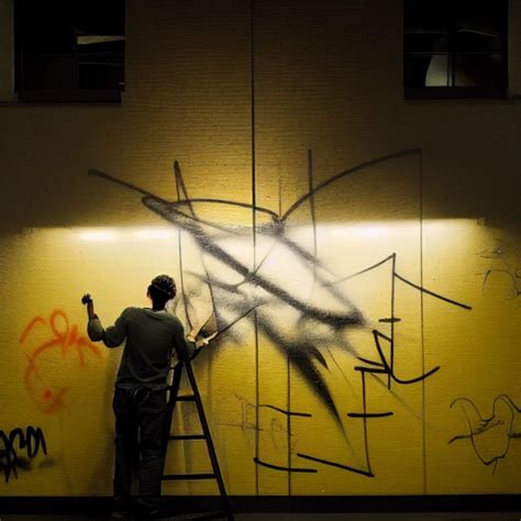 man painting a graffiti in a corporate building wall, | Midjourney | OpenArt