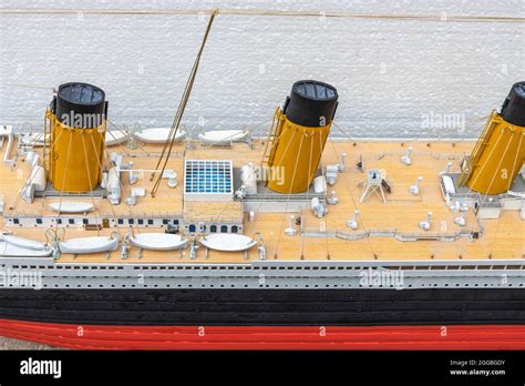 Close up view of part of wooden Titanic ship model. Beautiful wooden Titanic hobby model ...