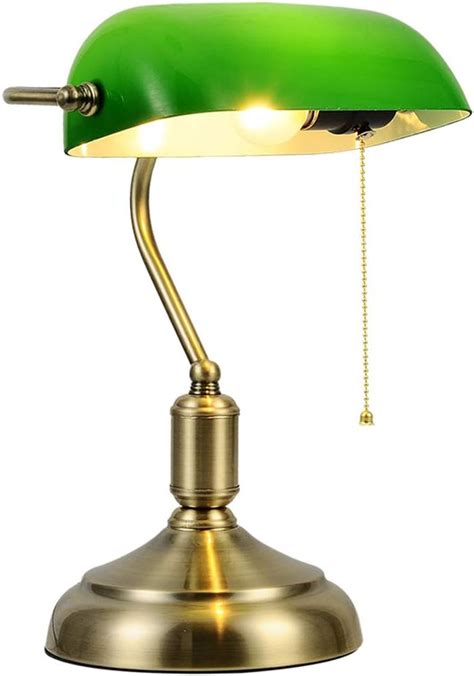 Art Deco Classic Antique Table lamp, Retro Bankers Lamp Gold and White with Green Shade Glass ...