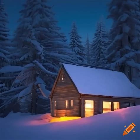 Snowy cabin illuminated at night