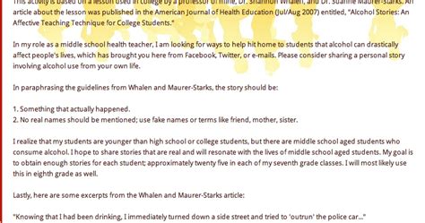 Middle School Health Esteem: Lesson Idea: Alcohol Stories (Using Web 2.0)