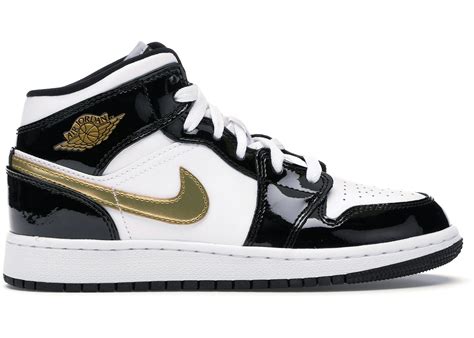 Jordan 1 Mid Patent Black White Gold (GS) - BQ6931-007