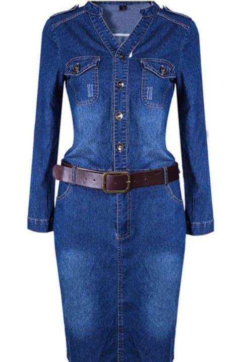 Womens Denim Dress Denim Fashion Maxi Blue Dress Denim Long Sleeve Free ...